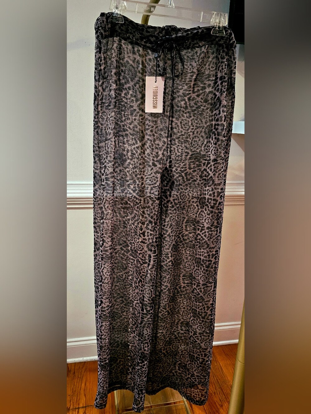 Missguided Metallic Leopard Wide Leg Pants Women's US 6 Gray Black Shimmer NWT